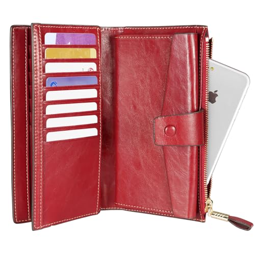 Image of Itslife Womens RFID Blocking Large Capacity Luxury Wax Genuine Leather Wallet Clutch Ladies Card Holder, Red