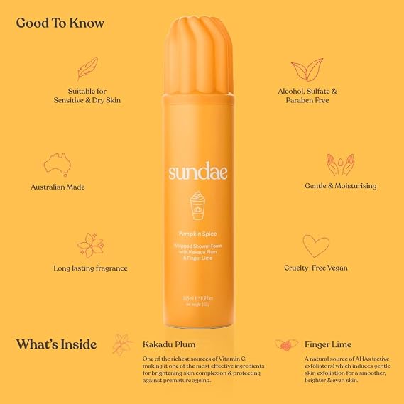 sundae Limited Edition Pumpkin Spice Whipped Body Wash Shower Foam with Kakadu Plum & Finger Lime 8.9 fl oz, 265ml