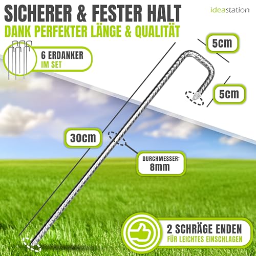 idea-station Bodenanker 6 Stück - 30 cm lang - Ø 8 mm - rostfreie Erdanker aus Bewehrungs-Stahl - sichere Boden Verankerung für Trampolin - Massive Erdhaken für den Garten