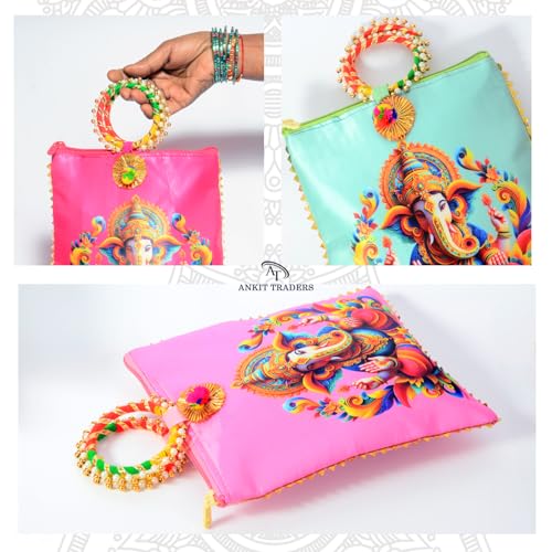 Image of Women Potli Bags Pack of 6| Gifting Potli with Zip & Bangle Handle | Traditional Shagun Return Gifts Potli for Mehandi, Haldi, Baby Shower, Wedding, Sangeet (Ganesha)