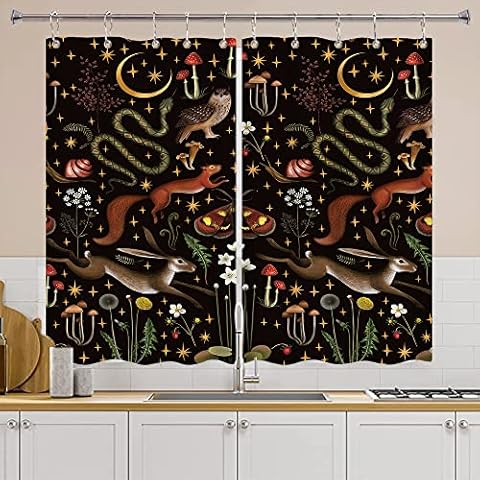Fairy Rustic Forest Kitchen Curtain, Country Woodland Wild Animals Butterfly Mushroom Set Hunting Window Curtain, Farmhouse Rustic Cabin Lodge Window Treatment Panels Sets with Hooks 55X39 Inches Cover
