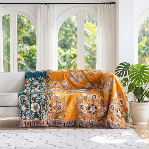 Image of LUTBM Boho Throw Blanket for Bed 60 inchx80 inch, 100% Cotton Yellow Couch Blankets