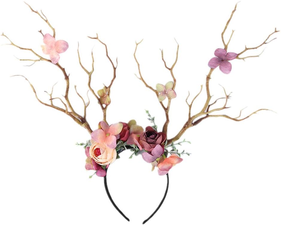 Beaupretty Reindeer Antlers Headband Tree Branch Antlers Headband Deer Flower Elk Hair Hoop Cosplay Headpiece (Light coffee)