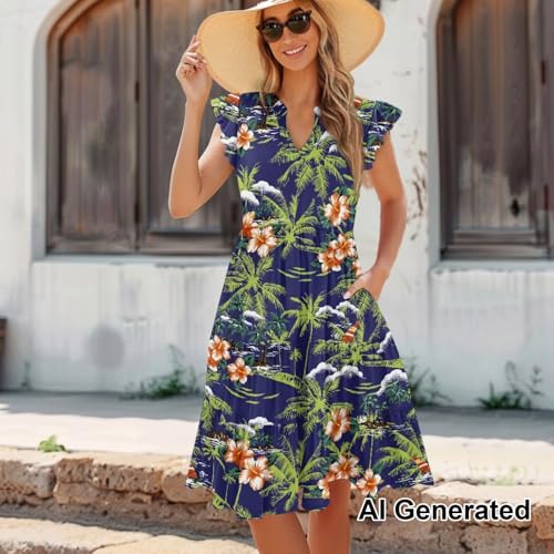 Image of Womens Summer Dress Ruffle Sleeve V Neck Dress Casual Fit Flowy Beach Vacation Sundress with Pocket S-2XL