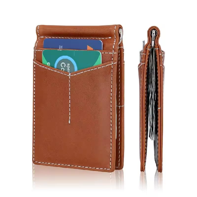 Image of Genuine Leather Slim Wallet | RFID Blocking Bifold Men's Purse | Front Pocket Card Holder | 9 Card Slots, 1 ID Window | Card Puller, 2 Hidden Pockets | Travel and Office Carry (B Tan)