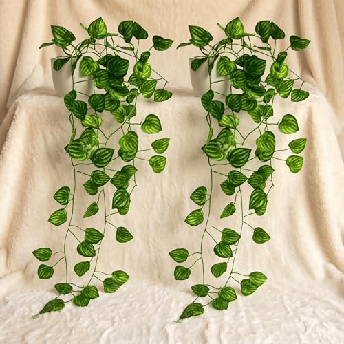 Image of Dekorly Artificial Hanging Garland with Pot - 100cm Rose Vine, 10cm Decorative Pot for Table, Shelf & Wall Decor (2, Vines-02)