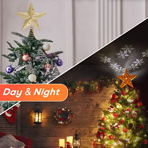 Ipow Led Snowflake Projector Star Christmas Tree Topper, 11.3'' Golden Glittered Star Treetop Lighted Rotating Snow Flake For Christmas Tree Decoration, Ideal As Led Night Light Projector For Children #TOP5