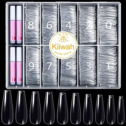 Kiiwah 500pcs Ballerina Fake Nails Tips, Artificial Acrylic Coffin False Nails with Glues for Nail Salons and Nail Art DIY, 10 Size ( Transparent ) Cover