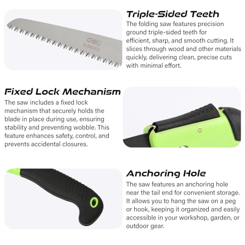Image of Deli DL580618 9 inch Folding Saw with 65Mn Steel Blade ABS Handle 3-Sided Grinding Teeth Secure Lock Handsaw for Pruning Gardening Camping Wood Cutting Tree Branch (Pack of 1,Green & Black)