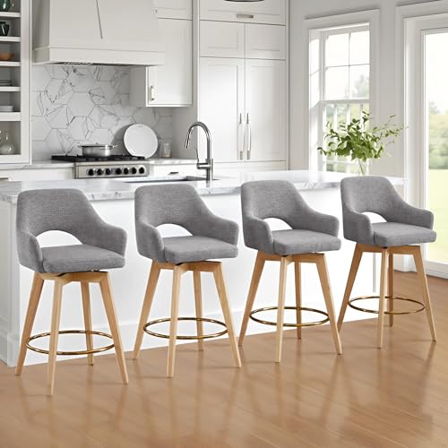 Image of Zesthouse Swivel Counter Stools Set of 4, Wooden Counter Height Bar Stools with Back & Arm, Upholstered Linen Fabric Barstools with Solid Wood Leg & Gold Footrest, Grey High Chairs for Kitchen Island