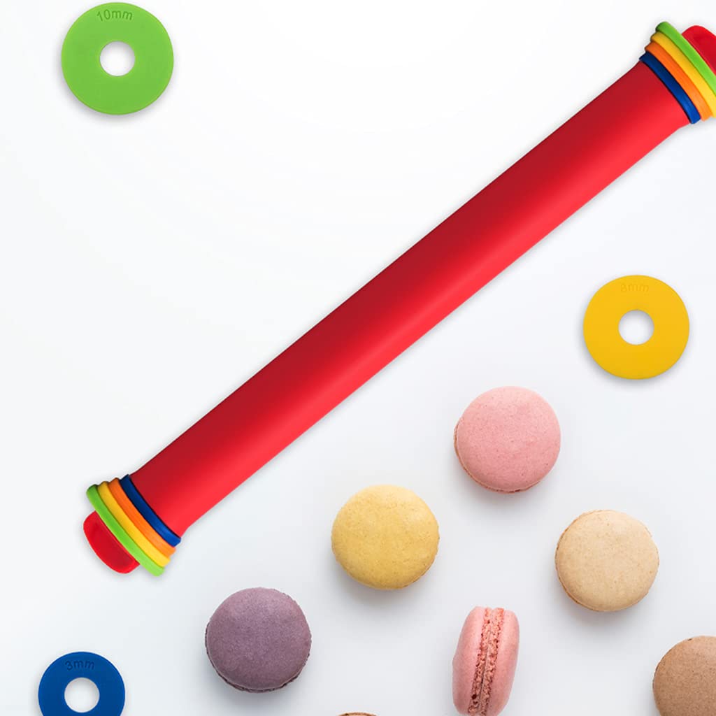 Rodillo De Silicona Ajustable con Anillos De Grosor, para Hornear, Pastelería, Galletas, Pizza, Rodillo De Masa De Acero Inoxidable Estilo Francés 44 * 4 Cm