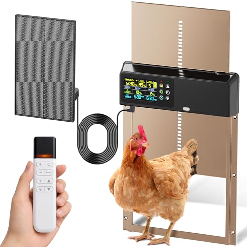 Automatic Chicken Coop Door: 3500mAh Solar Powered 656ft Long-Range Remote Intuitive Color LCD Display Anti-Pinch Safety Sensor Weather-Resistant Aluminum Auto Door for Poultry