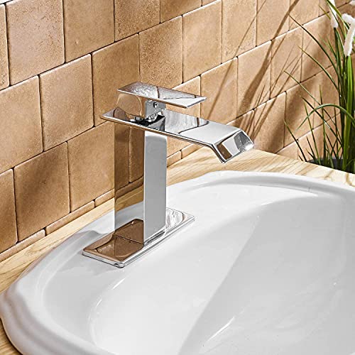 40% Off Discount Bathfinesse Bathroom Faucet Modern Chrome Waterfall Sink Bath Faucets & Parts with Pop Up Drain Stopper Basin Tap Vanity Commercial Single Handle Single Hole Deck Mount Supply Lines Hose Lead-Free