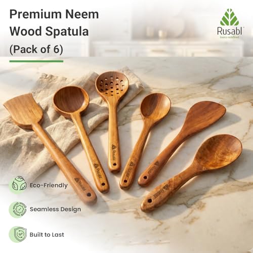 Image of Rusabl Pack of 6 Neem Wood Spatula, Spoonula, Slotted Spoon, Ladle, Turner | Serving Spoon, Seamless Design Non Stick Cookware for Cooking and Baking