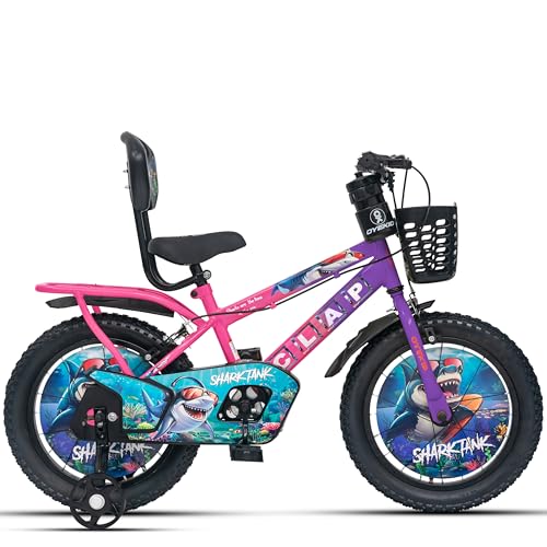 Image of Shark Tank 16T Kids Bicycle for Boys & Girls with Inbuilt Carrier, Front Basket, PU Soft Seat, Full Chain Cover & Stylish Wheelcards (Purple /Pink)
