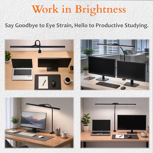 Image of Isomars LED Desk lamp for Computer Monitor and Laptop, Eye Friendly Study lamp with Clamp, 3 Color Modes & 10 Step Brightness, 24 Inch, Perfect for Reading, Studing, Working (Black)