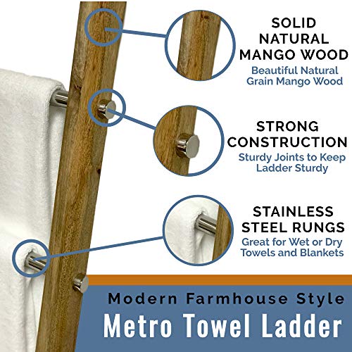Towel Ladder for Bathroom in Modern Farmhouse Style | Handcrafted 5 ft Wooden Ladder with Stainless Steel Metal Rungs | Use as Blanket Rack - Quilt Ladder - Decorative Leaning Ladder