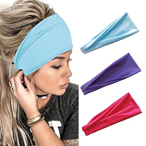 Fashband Boho Headbands 3 PCs Criss Cross Head Wrap Hair Band Elastic Turban Hair Band Yoga Running Sports Workout Headwraps for Girls (Solid Color E)