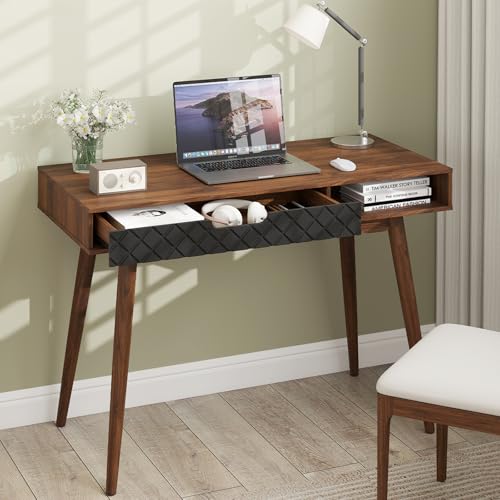 Tangkula Mid-Century Modern Computer Desk, Home Office Desk w/Drawer & Open Compartment, Laptop PC Desk w/Rubber Wood Legs, Makeup Vanity Table, Vintage Writing Desk Workstation for Study, Bedroom