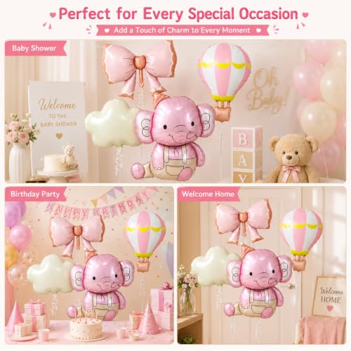 Image of Rozi Decoration Pink Elephant Foil Balloon Set for Kids Birthday Decorations, 4 Pcs Elephant, Bow, Hot Air Balloon & Cloud Foil Balloons for First Birthday, Naming Ceremony, Welcome Party Decor