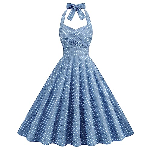 50s Costumes for Women Polka Dot Dress Pin up Rockabilly Dresses Pockets Vintage 50's Dresses 1960s 40s Housewife Dress Bowknot Halter Fit Flare A-line Prom Party Homecoming Dress Light Blue-Ruched S