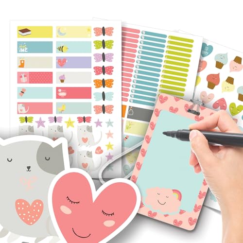 Etiqueta Escolar Menina com TAG + Caneta (Coração Cute, Etiquetas + 1 TAG de Mochila)