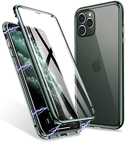 Magnetic Adsorption Case for iPhone, Eye-Protection Magnetic Case with Green Tempered Glass Front and Back Cover[Magnets Metal Bumper], 360 Full Protection Case for iPhone (For iPhone 11)