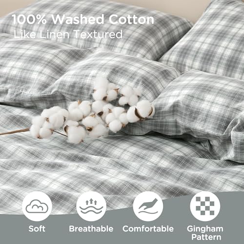 Image of TOCOMOA Plaid Duvet Cover Set 100% Washed Cotton Like Linen Feel Super Soft Comfy 3 Piece Grey and Green Gingham Checkered Bedding Comforter Cover Set (King 104 inchx90 inch, Comforter Not Included)