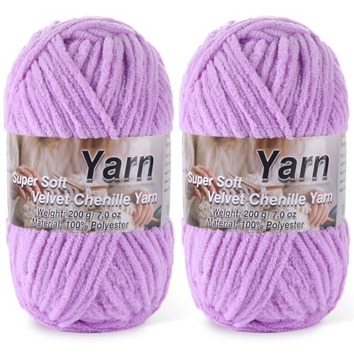 Image of 2 * 200g /7oz Chunky Chenille Yarn for Baby Blanket Yarn for Crocheting - Super Soft Chenille Plush Yarn - Bulk Thick Yarns Used for Making Scarves, Blankets, DIY Craft (Light-Purple)