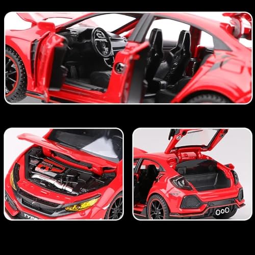 Image of 1:32 Civic Type R Toy Car Metal Diecast Pull Back with Sound Light & Openable Doors Kids Gifts Collectible Car Model Durable Toy for Boys & Girls (Red)