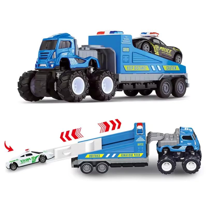 Image of SHIPEASE Friction Powered Police Car Transport Toys for Kids Boys Girls 1:43 Rescue Trailer Truck with Die Cast Model Cars Carrier Truck Toys Miniature Pull Back Vehicles (Multicolor)