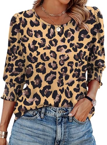 Image of XIEERDUO Blouses for Women Dressy Casual 3 /4 Length Sleeve Womens Tops with Smocked Cuffs