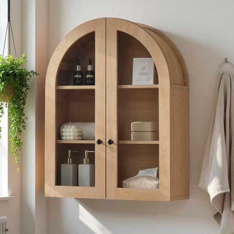 Bathroom Arched Wall Cabinet 23.5 Wide Medicine Cabinet Bathroom Cabinet Wall Mount W/ Glass Doors & Adjustable Shelves Over The Toilet Storage Cabinet for Laundry Room Bedroom Kitchen Natural