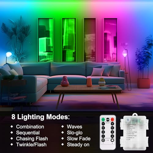 Image of echosari 9.8FT 90Led RGB Strip Lights Battery Powered Remote Control, 8 Modes, Dimmable, Timer, Self-Adhesive, Cuttable, Waterproof, for TV Computer Monitor /Screen Decor (Pack of 3)