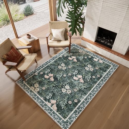 Image of Vintage Floral with Ornate Border Washable 5x7 Area Rug, Soft Low Pile Carpet for Living Room, Dining Room Under Table, Bedroom | Non-Slip, Stain Resistant & Durable