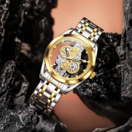 Image of OLEVS Mens Watch Luxury Skeleton Stainless Steel Fashion Wrist Watch Business Dress Analog Date Waterproof Luminous Gift Watch for Male