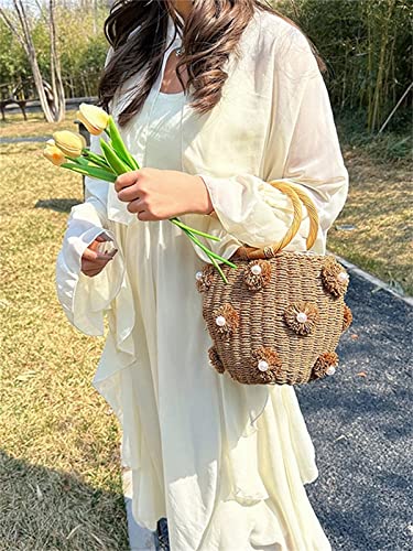 Image of Summer Straw Bag for Women Pearl Flower Bucket Tote Bag Diamond Handbag Hand Woven Rattan Shell Purse Drawstring