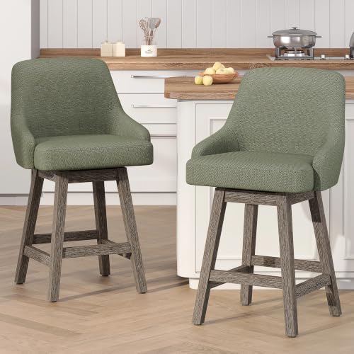 Image of YaFiti Swivel Counter Height Bar Stools Set of 2, 24 inch Modern Chenille Fabric Barstools with Back, Widen Upholstered Seat, Hardened Wood Legs for Kitchen Counter, Island, Dining Room, Sage Green
