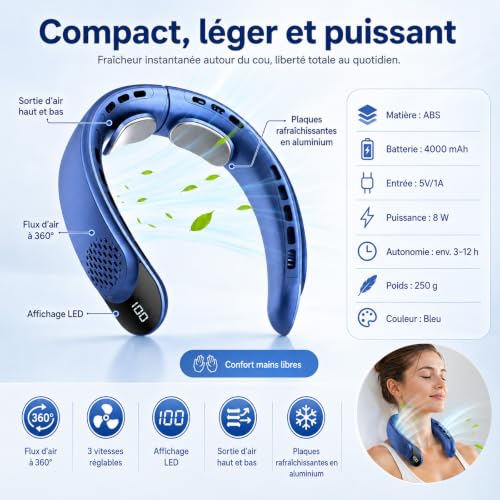 InnovTec Ventlateur de cou 4000 mAh ventilateur portable 3 vitesses affichage LED 360 degres cooling ventilateur de nuque 50DB faible bruit – vue 2