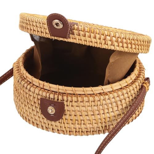uxcell Round Rattan Bag for Women, Handmade Straw Crossbody Bags, Summer Purses with Brown Lining, Circle Shoulder Bag, Coffee3