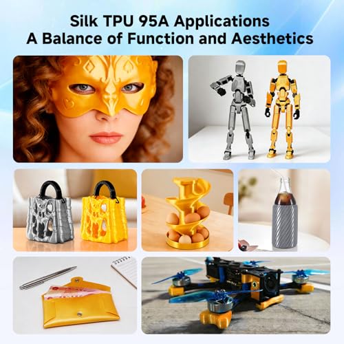 Image of Flexible TPU Filament Bundle 1.75mm, 95A Shore Hardness, 4x250g (1kg Total) - Silk TPU1 Gold & Silver + Glow-in-the-Dark TPU2 Blue & Green, Shiny & Luminous for Most FDM Printer
