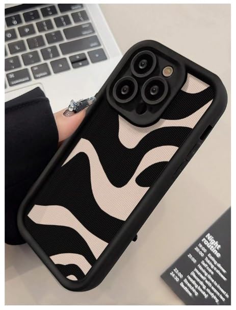 Image of COVERLY Abstract Wave Back Case Cover for iPhone 12 Pro | Hot 3D Wavy Zebra Cute Design | Camera Lens Protection | Soft TPU Silicone Aesthetic Print Cover for Girls & Women (Black & Beige, Shockproof)