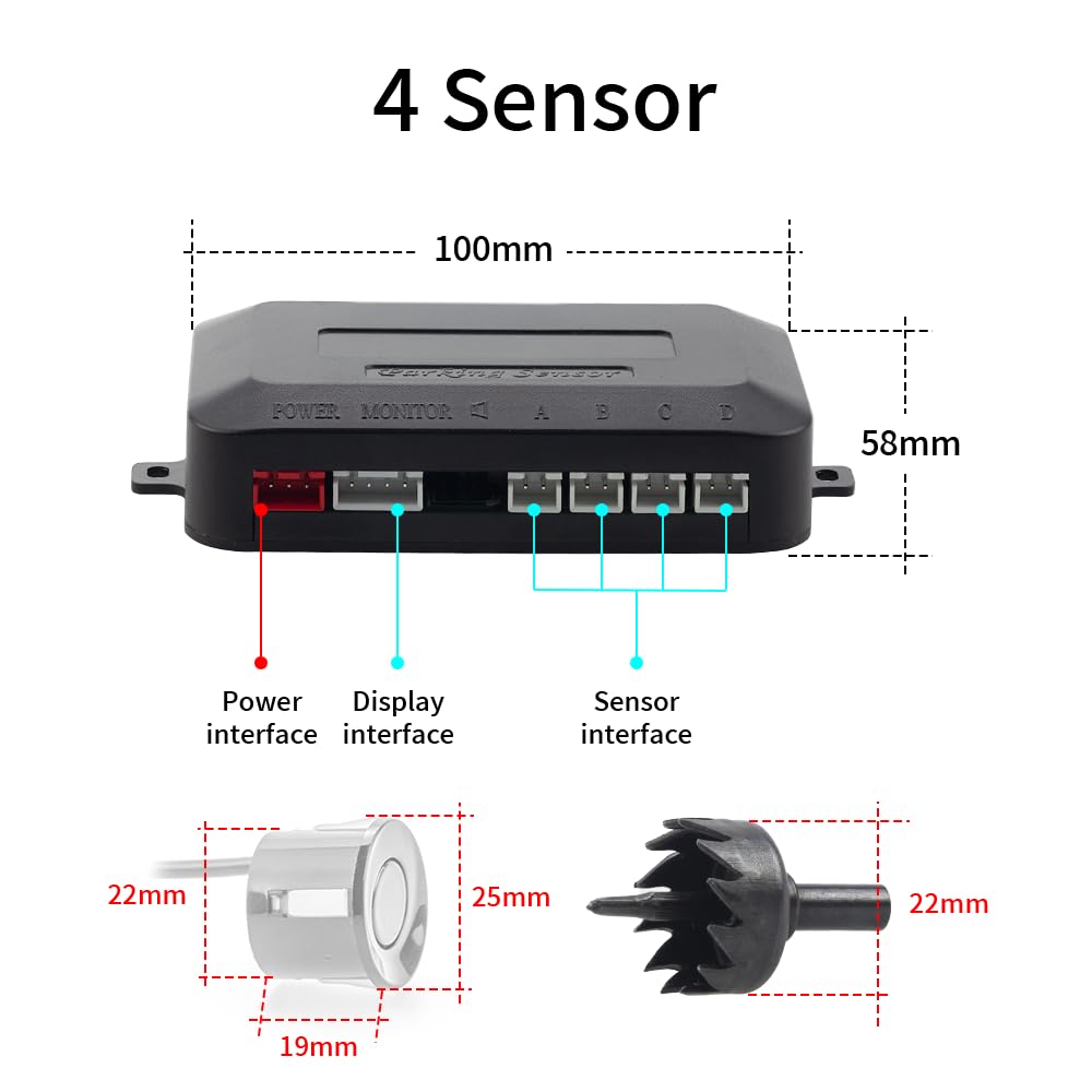 Aide au Stationnement sans Fil, Aide à la Marche Arrière avec 4 Capteurs de Stationnement Arrière PDC, Kit d'alerte de Distance Totale avec Affichage LED sans Fil (Argent)