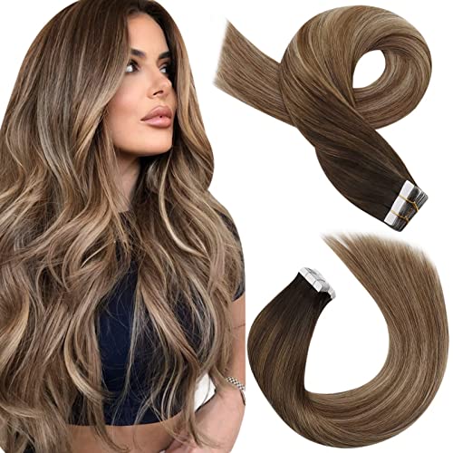Moresoo Tape in Extensions Human Hair Highlighted Brown Hair Extensions Tape in 22 Inch Dark Brown Root Ombre to Light Brown with Dark Honey Blonde Tape in Hair Extensions Real 20 Pieces/50g #4/10/16