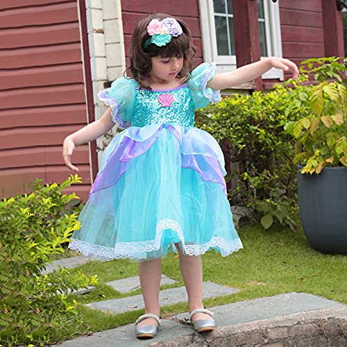 Little Mermaid Costume For Girls Princess Blue Tutu Dress Fly Sleeve Red Wig Sequin Dress With Crown Pretty Sea Shell Necklace Accessories 3Nd Birthday Kids Outfit Cosplay Green 4-5 Year #TOP2