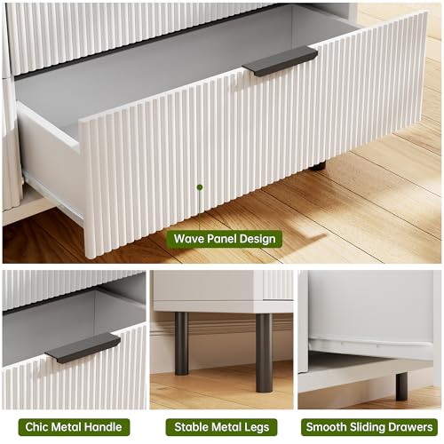 GarveeHome White Fluted 6 Drawer Dresser, Wide Wood Double Dresser with Metal Legs and Handles, Modern Chest of Drawers with Anti-Tipping Design for Bedroom Living Room Hallway
