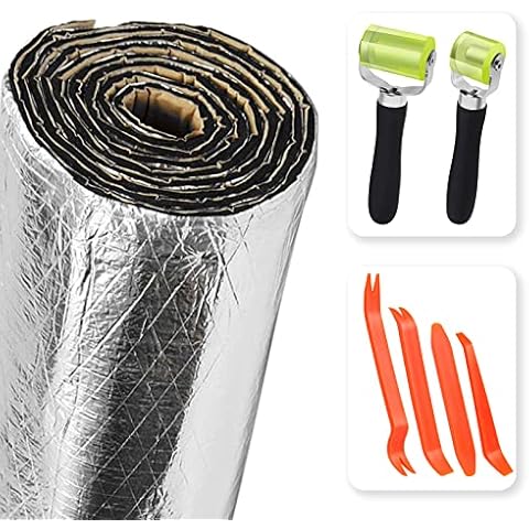 200mil 36.16 Sqft Car Heat Shield Insulation Mat Automotive Sound Deadener Deadening Mat Aluminum Foil Finsh PE Foam Dampening Material with Self Adhesive with Roller & 4 pcs Car Trim Removal Tools Cover