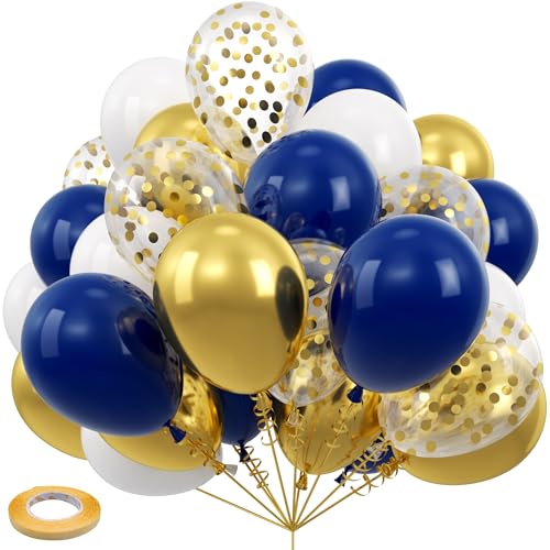 Navy Blue and Gold Confetti Balloons 60 pcs 12 inch Pearl White and Golden Metallic Chrome Party Latex Balloon with 33 Ft Gold Ribbon for Birthday Wedding and Celebration Graduation Decoration