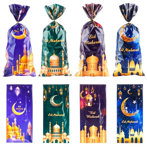 LERCTH 50 PCS Ramadan Eid Mubarak Gift Bags with Gold Twist Ties - 4.9x10.7 Inch Metallic Foil Treat Bags Moon Star Design Party Favor Bags for Islamic Holiday Celebrations