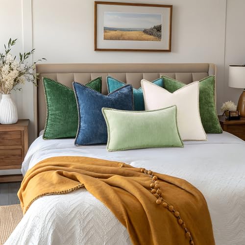 Image of decorUhome Fall Patriotic Chenille Soft Cozy Throw Pillow Covers 18x18 Set of 2, Coastal Modern Farmhouse Boho Velvet Decorative Pillow Cases with Stitched Edge for Couch Sofa Bed Home Decor, Poseidon
